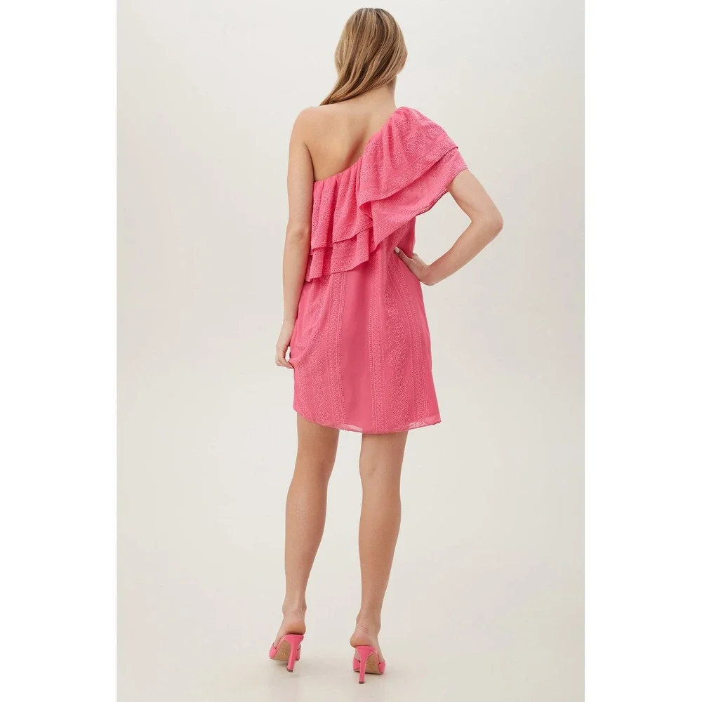 New‎ Trina Turk Phebe One Shoulder Eyelet Ruffle Mini Dress in Pink Size M